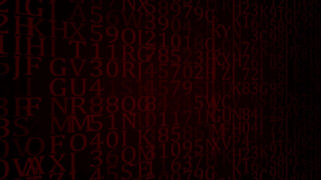 Matrix code abstract digital animation displays red alphanumeric symbols. Code abstract matrix text scrolls rapidly on pitch black background canvas. Abstract digital design loops flawlessly.