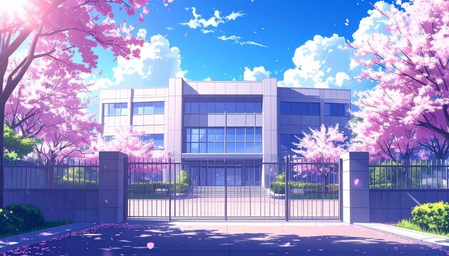 アニメ風 春の学校 校舎と校門 桜咲く学園風景 背景イラスト