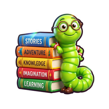 Cute green caterpillar with glasses resting on a stack of colorful books about learning and imagination isolated on transparent background