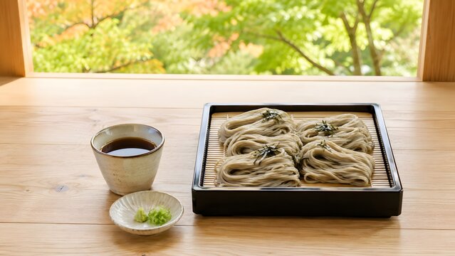 黒い漆のせいろに盛った新蕎麦 逆光に光る麺とつゆ 初秋の手打ちそば