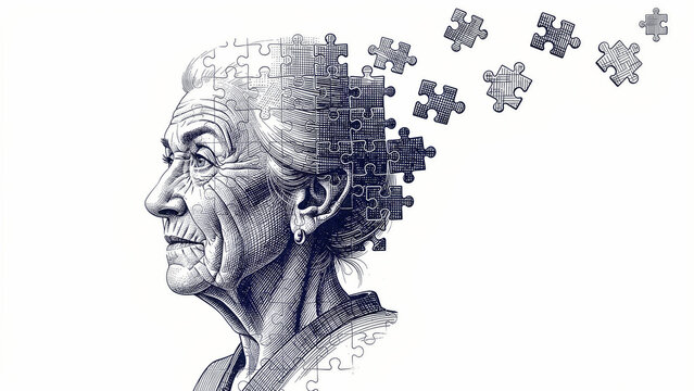 Profile of elderly woman made of puzzle pieces. Elements drift away from her head to symbolize cognitive decline. Memory loss concept ideal for Alzheimer's and mental healthcare campaigns.
