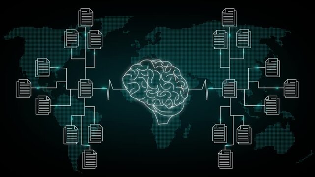 Mind network global connectivity animation links data document files. Network global brain intelligence system features worldwide tracking nodes. Connectivity animation design looks futuristic.