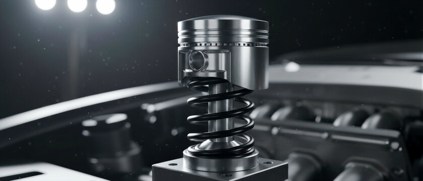 Metallic engine piston with black coil spring on vehicle block. Detailed macro shot of precision automotive components in dark studio lighting. Engineering and performance tuning concept for car.