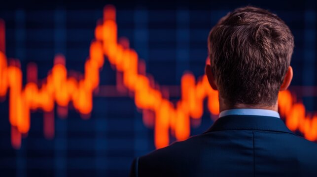 Businessman observing red stock market graph showing financial decline market volatility for economic analysis investment risk assessment