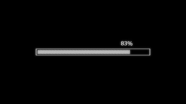 Progress bar loading percentage animation pauses around forty nine percent. Progress bar loading timer outline ticks on dark black background. Percentage animation graphic loops smoothly.