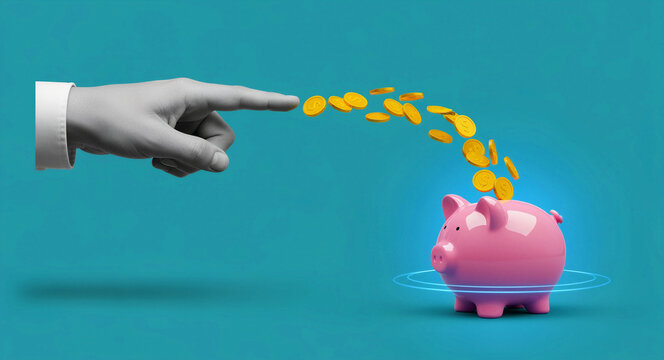 Hand pointing at piggy bank with flying gold coins. Professional directing funds into savings. Wealth growth concept for financial services and banking marketing.