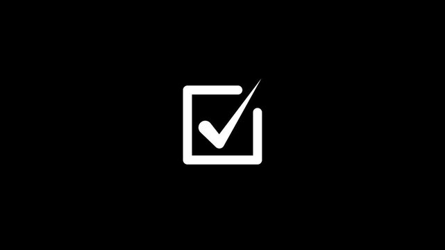 Checkbox tick validation symbol animation displays white check marks. Tick validation approval icon flashes bright on dark black backgrounds. Symbol animation layout looks clean and minimal.