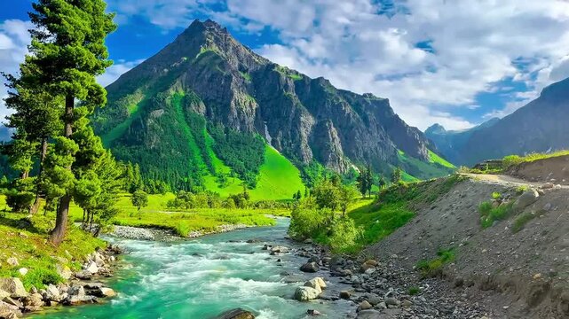 Majestic Mountain River Landscape with Crystal Clear Water, Green Valley and Dramatic Clouds in Summer 4K