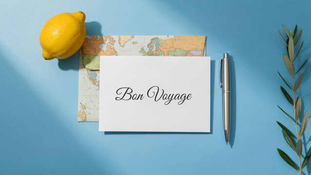 Bon Voyage card on a world map with a lemon and pen. Mediterranean travel flat lay with olive branch on blue. Farewell concept for tourism marketing and holiday planning campaigns.