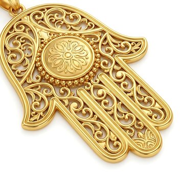 Golden hamsa hand pendant with intricate filigree design isolated on white background
