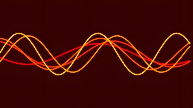 Layered orange and red light ribbons forming smooth curves on dark maroon background