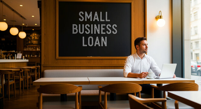 Entrepreneur sitting in cafe with laptop near small business loan sign. Businessman reviewing financial options and startup funding in workspace. Finance and banking concept for lending ads.