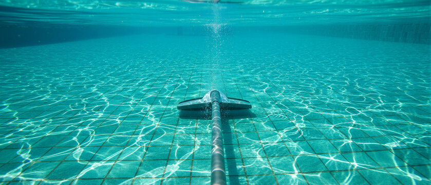 Swimming pool vacuum cleaning tiled floor underwater. Clear blue water with sunlight ripples and bubbles during maintenance. Hygiene service concept for pool care and facility management.