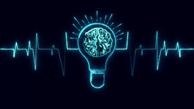 Light bulb innovation idea animation shows heartbeats inside brains. Bulb innovation digital outline glows smoothly on dark backdrops. Idea innovation graphic provides excellent overlays.
