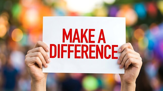 Hands holding a sign with the text make a difference against a blurred colorful background