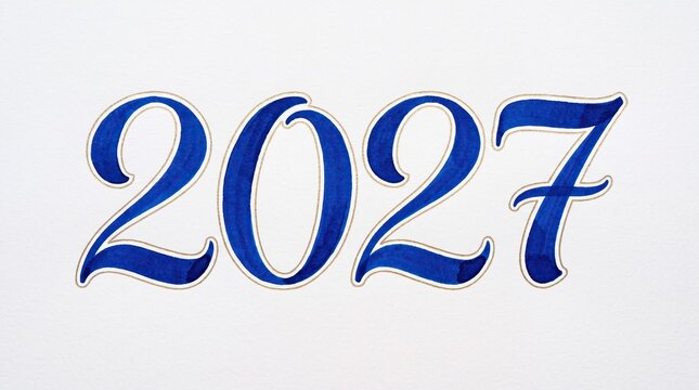 Handwritten blue 2027 numbers on white background, new year celebration concept, calligraphy typography design.