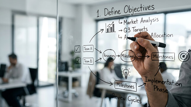 Business professional drawing a strategy flowchart on a glass wall in a modern office meeting room.