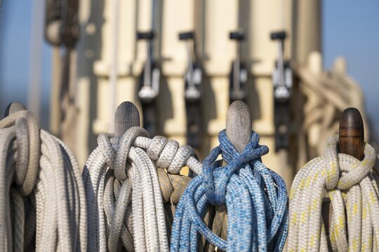 Holpins or nail nails stuck through a board, including coffee nails, linen and ropes, sailing ship, Aeolian or Lipari islands, Sicily, southern Italy, Italy