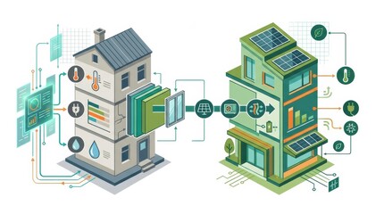 Obraz premium The illustration shows a building undergoing energy renovations with insulation upgrades and heat pump systems.