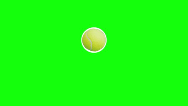 A bright yellow tennis ball with classic white seams and glossy highlights bounces energetically up and down in the center of a solid bright lime green background in vibrant cartoon vector style.
