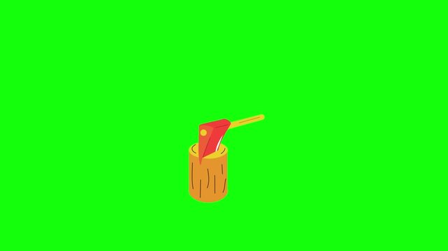 A sharp red axe with yellow handle swings down forcefully and repeatedly chops into a brown wooden log on a solid bright lime green background in clean cartoon vector style.