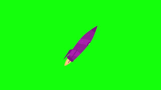 A vibrant purple cartoon rocket with white circular window, sharp fins and bright yellow-orange flame at its base launch smoothly upward on a solid bright lime green background in clean vector style.