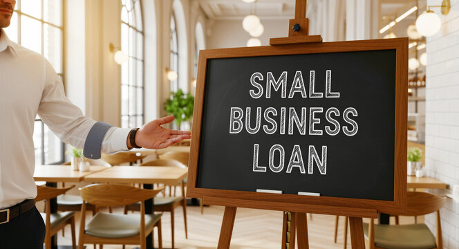 Man gesturing to Small Business Loan chalkboard in a cafe. Professional presenting financial assistance options. Entrepreneurship concept for bank marketing and startup support.