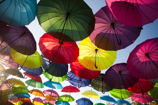 Dense clusters of colorful umbrellas covering an outdoor space, vibrant decorative display, creative background, summer festival.