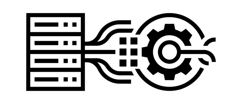 Data server icon with gear cog mechanism for digital processing and computer system management