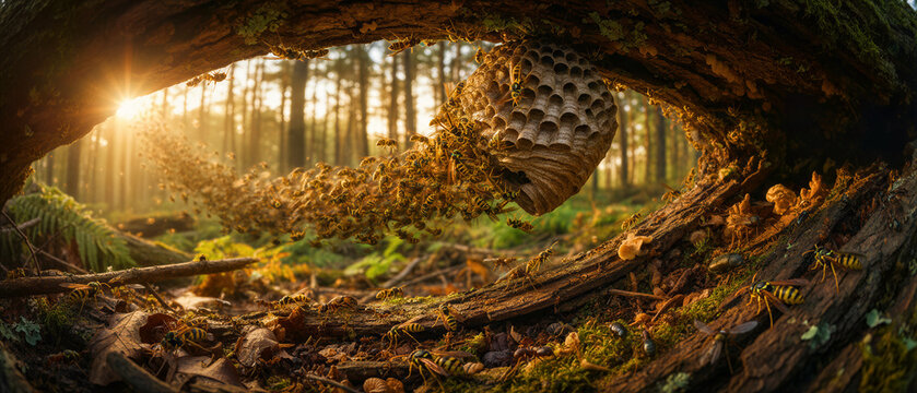 Swarm of wasps flying toward a paper nest inside a hollow log at sunset. Hornets active around their hive in a mossy forest during golden hour. Nature wildlife and insect colony concept.
