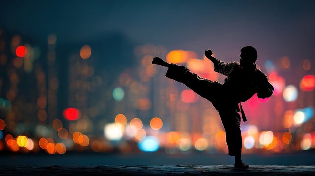 Martial artist practicing kick in city