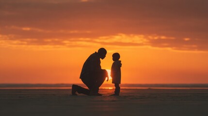 Fototapeta premium Father and son silhouette at sunset beach