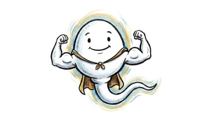 Obraz premium A cute sperm cell character with strong arms is flexing muscles. The character has a big smile, wearing a cape, and stands out in a playful scene.