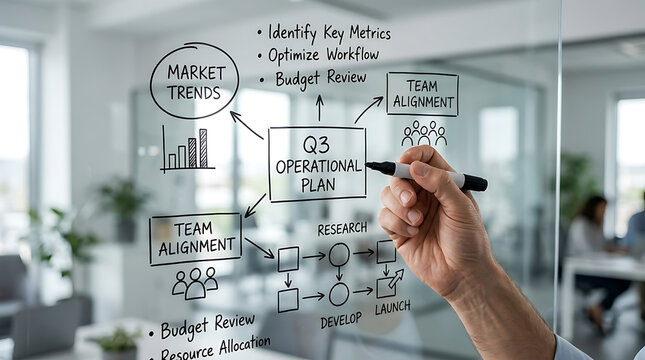 Hand drawing a Q3 operational plan flowchart on a glass wall with sticky notes and diagrams.