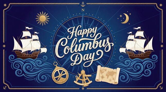 Celebrate Columbus Day with Vintage Nautical Ships Compass and Old Map Illustration Vector