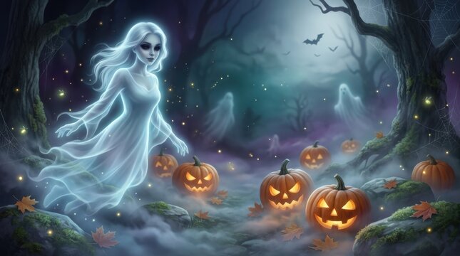 Halloween ghostly woman with carved pumpkins in a dark forest