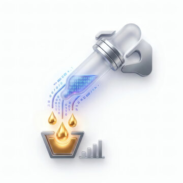3D futuristic tech lab pipette distilling digital data codes into glowing golden liquid droplets, representing data monetization and value creation concept, generative AI
