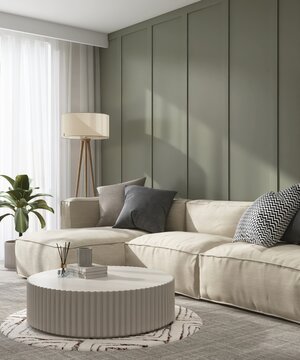 Modern, cozy living room with cloud modular sofa, sage green wood paneling wall in sunlight from window on carpet floor for luxury interior design decoration, architecture, product background 3D