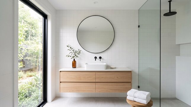 Modern bathroom with wooden vanity and large round mirror on tiled wall.
