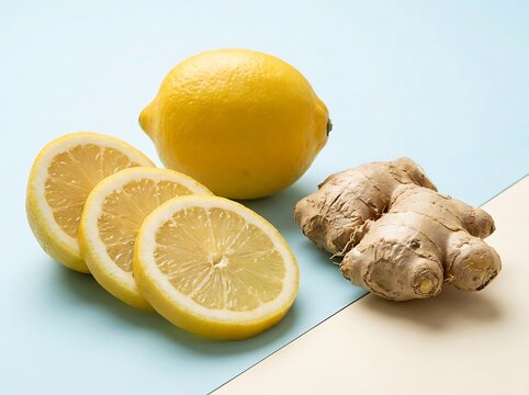 Fresh whole lemon, sliced lemon rounds, and a piece of raw ginger root arranged on a split blue and beige background