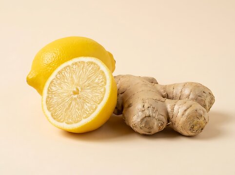Fresh lemon and ginger root on a light beige background