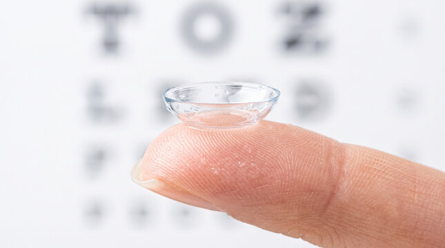 Contact lens on finger in front of eye chart for vision testing  