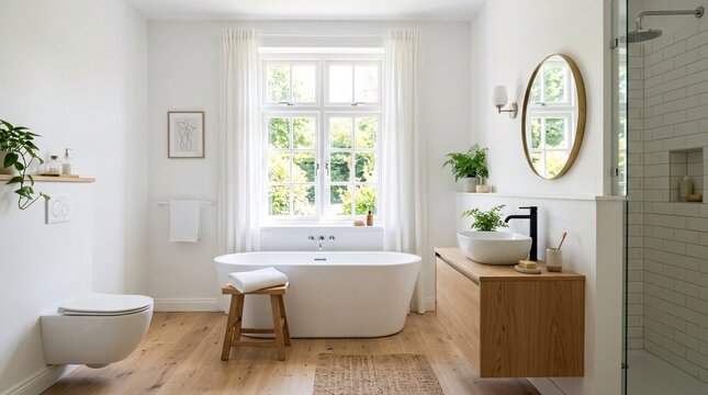 Modern bright bathroom interior with freestanding bathtub and.