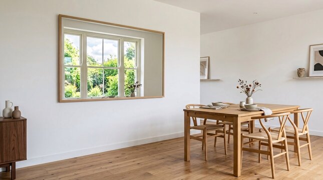 Modern dining room interior with wooden chairs and window.