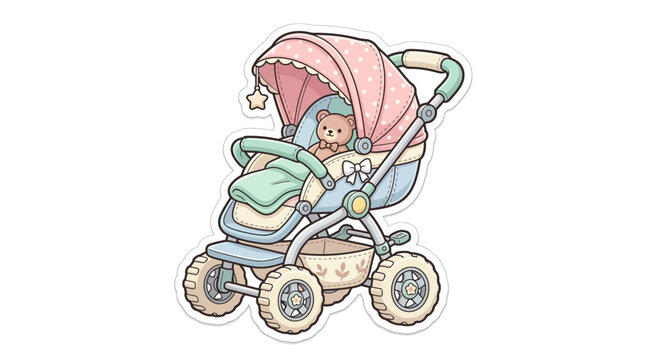 Cute Pastel Baby Stroller Sticker with Teddy Bear and Polka Dot Hood