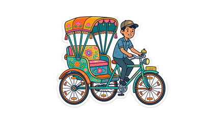 Fototapeta premium Colorful Cartoon Illustration of a Traditional Rickshaw Rider with Floral Patterns