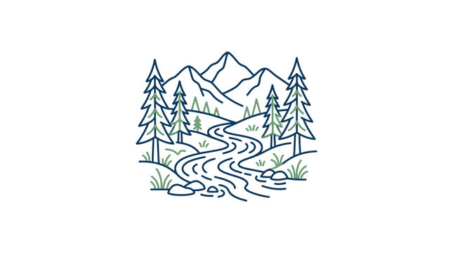 Minimalist mountain landscape with river and pine trees line art