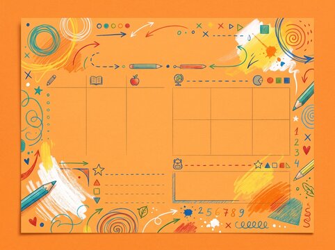 School planner template background with hand drawn doodles and pencils