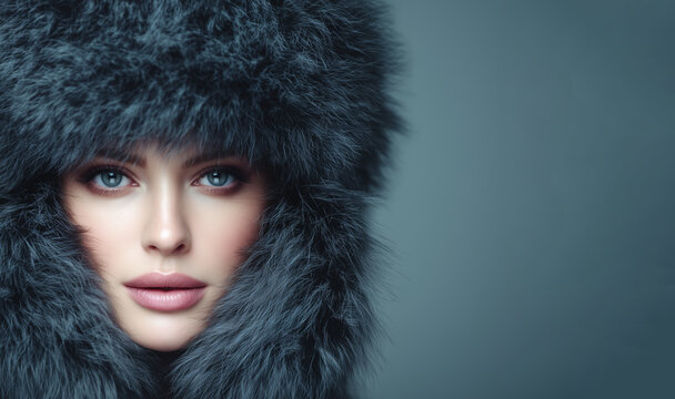 Woman in a fur hat poses with a serious expression in front of a plain gray background