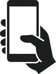 Minimalist icon of a hand holding a modern smartphone device with smartphone technology communication touchscreen cellphone interface business interaction telephone © nores